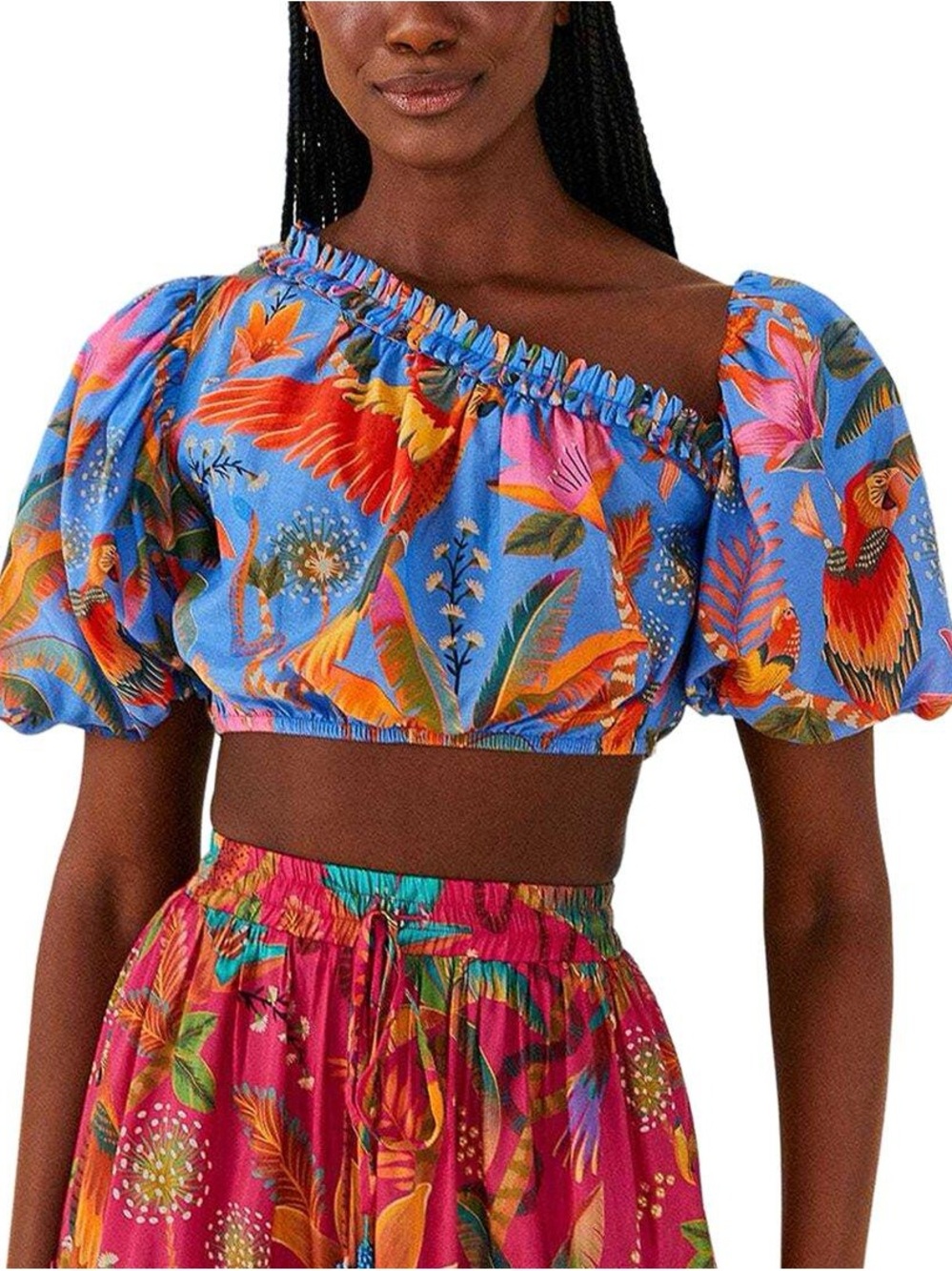 FARM Rio NWT Blue Macaw Tropical One-Shoulder Crop Top XL